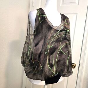 VPL Sheer Dark Gray and Neon Green Women's Silk Top. NEW